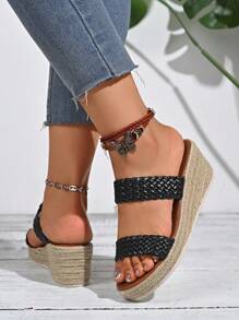Women's Platform Wedge Sandals, Single Strap, Straw Sole, Wide Fit - Black - View 6