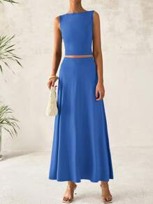 Women Summer Two Piece Skirt Set Outfits Casual Sleeveless Tank Top Elastic Waist Flowy Long Maxi Skirt Night Out Going Out Beach Resort Wear Outfits - Blue - View 6