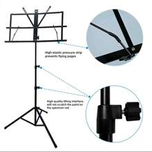 Folding Music Stand, Portable Adjustable Music Score Holder, Non-Slip Anti-Fly Page, Black - View 6