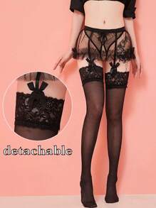 2 件/1 双加大码透明蕾丝大腿袜，带吊袜带，可拆卸吊袜带