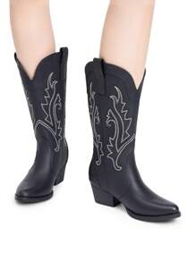 Women's Western Cowboy Boots Slip On Fashion Embroidery Pointed Toe Low Heel Chunky Outdoor Commuter Mid-Calf Black Boots - 黑與白 - 查看 11