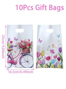 10/25个装春季派对礼品袋，郁金香和自行车图案塑料礼品袋，春季节日DIY礼品袋，烘焙厨房包装袋，小型购物袋，毕业典礼，新娘送礼会，情人节，婚礼，婴儿派对，生日，复活节派对礼品包装用品，花卉图案礼品袋，带提手塑料礼品袋，派对礼品用品 - 鬱金香&自行車 - 查看 8