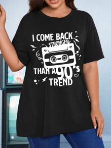 大码黑色落肩 T 恤 - 宽松休闲女士衬衫，适合健身和日常穿着女士百搭时尚修身长款黑色 T 恤夏季运动凉爽舒适夏季亮眼清爽百搭简单字母 90 年代磁带音乐印花 - 黑色 - 查看 1