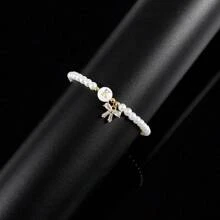 1pc New Vintage Bow Round Shell Initial Bracelet Faux Pearl Beaded Bracelets For Women Valentines,Mom,Mother,Mother's Day,Gift