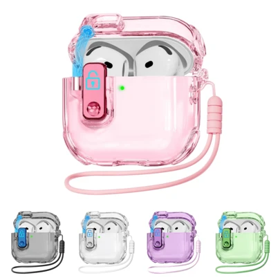 Capa protetora compatível com 3/Pro 2ª geração, com clipe de trava, capa retrátil automática, proteção total do corpo, capa para fone de ouvido Bluetooth de TPU macio e transparente, capa protetora transparente Pro 2