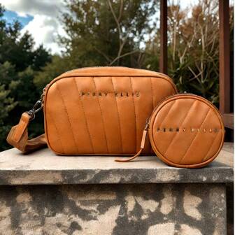 Perry Ellis Bolsa Para Mujer Tipo Crossbody Con Monedero De Moda Color Camel De Textura Suave Y Correa Gruesa