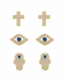 TRIO DE BRINCOS MIA OLHO GREGO MÃO HAMSA E CRUZ FOLHEADO A OURO 18K