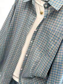 YUXIN 女士格子领纽扣前襟长袖落肩长衬衫，带口袋 - 桔藍色 - 查看 7