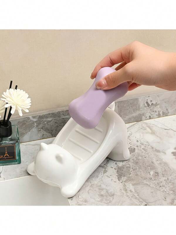 1pc Oval Cat Shaped Plastic Soap Dish, Tabletop Soap Drain Rack For Bathroom Sink, Multipurpose Soap Storage Holder, Great Gift Idea Home Bathroom Decor Fall Decor Back To School