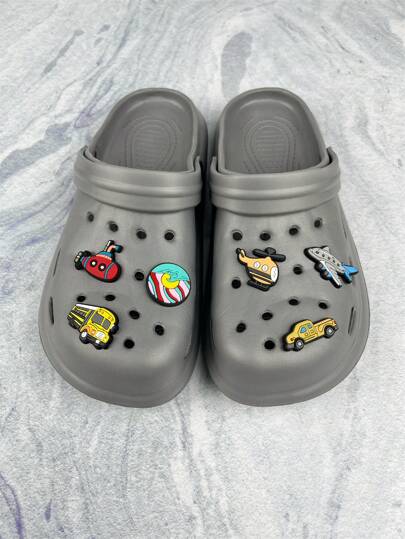 2025夏季新款时尚轻便大码男士镂空凉鞋，卡通汽车飞机图案，透气，可拆卸花朵DIY组合，沙滩拖鞋（尺码偏小，请选择大1或2个尺码）