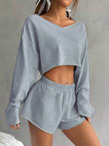 2pcs Women Casual Cotton Crop Top And Short Set, Acid Wash Vintage Distressed Knit Look, Edgy Sexy, Oversized Sweatshirt For Music Festivals, Dystopian Style, Party