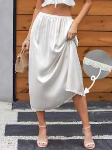 QING ROU 1pc/2pcs Women Satin Contrast Lace Lining Skirt, New Anti-Sheer Anti-Flashing Ruffle Hem A-Line Slip Skirt, Matching Outfit