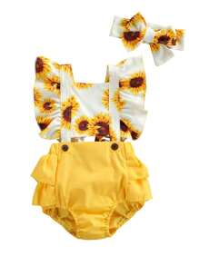 Baby Girl Summer Clothes Outfits Sleeveless Lace Floral Romper Dress Newborn Outfit - Màu vàng - Xem 3