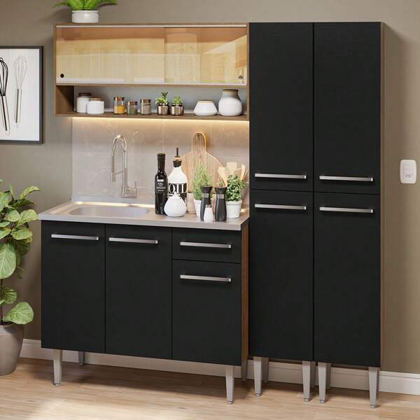 Mueble Cocina Compacta 169cm Con Tarja Emilly Madesa 13 Marrón Negro gabinete bajo con lavabo cocinas pequeñas espacio reducido diseño funcional