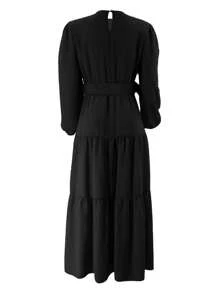 新款时尚女士系带长袖连衣裙，优雅休闲日常穆斯林连衣裙，新年连衣裙 - 黑色 - 查看 3