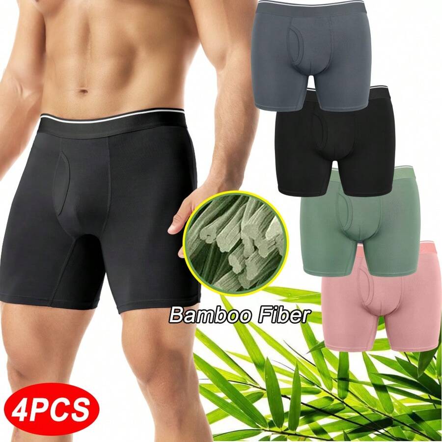 4PCS Bamboo Fiber Mens Boxer Briefs Shorts Long Legs Anti Chafing Underpants Trunks Underwear Pants Soft Comfortable Sports Fitness Running Breathable Moisture-Wicking Multipacks - Black/Grey/Pink/Green - View 1