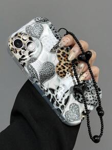 1pc Fashionable Glossy Leopard Print Heart Shockproof Thickened Phone Case, Compatible With IPhone 11/12/13/14, 11/12/13/14 Pro Max, XR, 15/15 Pro/15 Pro Max, And Galaxy A05/A15/A25/A35/A53/A54/A55/S23/S24, Including A Lanyard