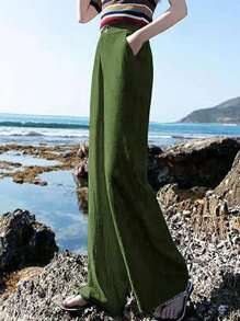 Womens  Spring Summer High Waisted Wide Leg Pants Casual Button Up Straight Leg Pants - 軍綠色 - 查看 2