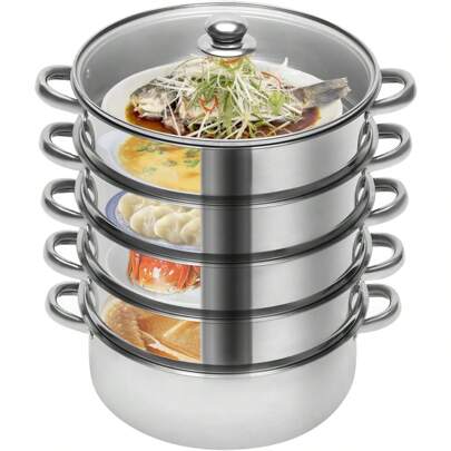 HaroldDol 26cm/28cm/30cm Steamer Pot 5 Tier Stainless Steel Steamer Pan Dumpling Steamer Large Steamer Cooking Pot With Vented Glass Lid For All Stoves, Dishwasher Friendly (Φ26cm)