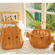 Retro-Style Imitation Rattan Woven Basket - Creative Animal-Shaped Fruit Basket And Candy Basket. It's A Multifunctional Living Room Snack And Candy Basket With Decorative Features. You Can Choose From The Shapes Of Little Rabbits And Little Pigs. - Brown - View 1