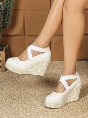 Women's Round Toe Thick Sole High Heel Cross Strap Sandals, Fashion Woven Shoes For All Seasons