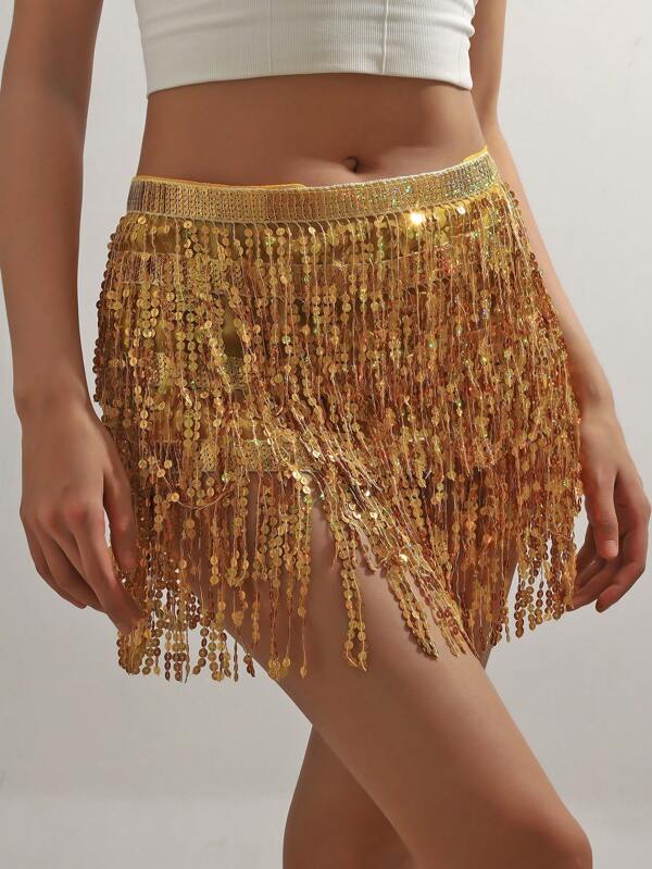 1pc Belly Dance Waist Chain With Sequins Tassel Hip Scarf Belt, Dance Performance Outfit