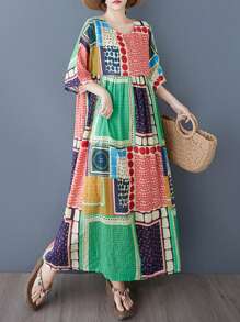 AZAH 2026春节新款加大码拼接长款连衣裙，宽松半袖A字棉质夏季连衣裙，带口袋