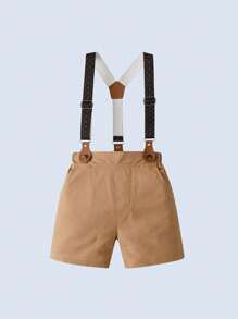 BOARNSEORL 2pcs/Set Young Boys Suspender Pants And Short Sleeve Shirt With Bowknot , Gentleman Style Fashionable Outfit For Birthday Party, Wedding, Summer