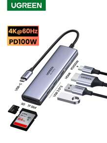 UGREEN 4K 60Hz USB C 集线器 USB C 加密狗适配器，带 PD 100W RJ45 HDMI 2.1 USB 3.0 端口 SD/Micro SD 读卡器，兼容 Think Pad T14 Pro Air M3 XPS 和更多 Type C 设备 - 灰色 - 查看 2