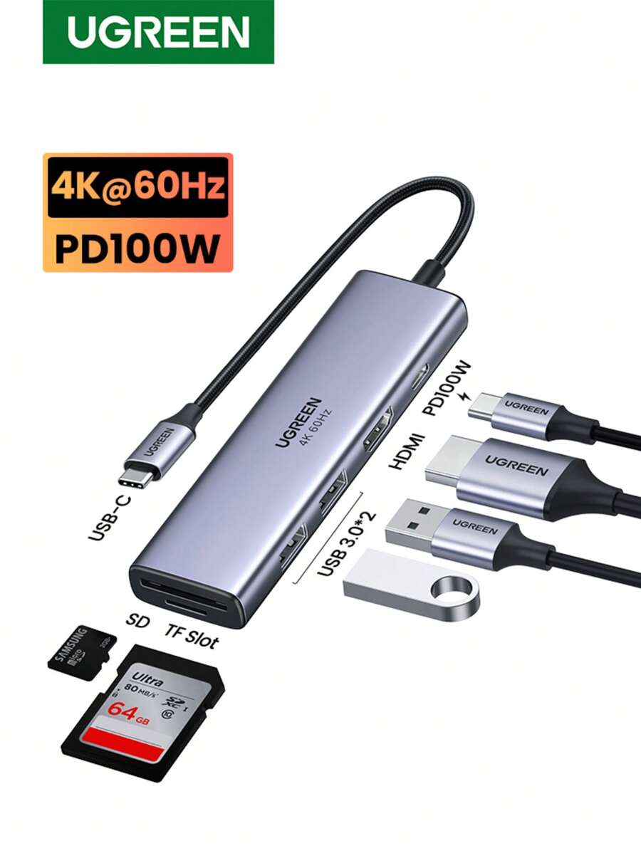 UGREEN 4K 60Hz USB C 集线器 USB C 加密狗适配器，带 PD 100W RJ45 HDMI 2.1 USB 3.0 端口 SD/Micro SD 读卡器，兼容 Think Pad T14 Pro Air M3 XPS 和更多 Type C 设备