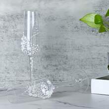 2pcs Elegant Pearl & Crystal Champagne Glasses - Handmade Calligraphic Design Transparent Glassware, Suitable For Weddings, Engagements, Valentine's Day, Mother's Day, Christmas, And Anniversary Gifts - Ideal For Family Gatherings, Parties And Special Occasions | Classic Champagne Flutes