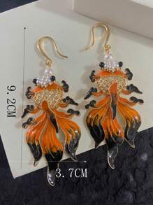 2 pièces Boucles d'oreilles créoles surdimensionnées en alliage émaillé avec motif de carpe élégant, bijoux vintage peints à la main avec perles pour femmes