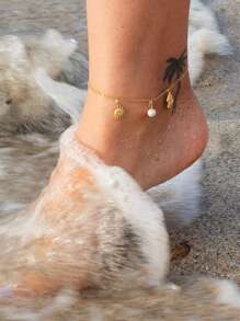 1 szt. Elegancki złoty łańcuszek na kostkę z zawieszkami w kształcie pereł i muszli, odpowiedni do noszenia na plaży przez kobiety