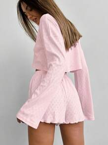 女士两件套柔软弹力针织混纺长袖上衣和短裤家居服套装，舒适保暖，秋冬服装 - 粉色 - 查看 2