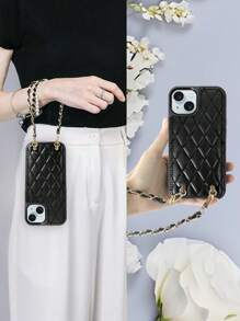 1pc Fashion Quilted Short Chain Detachable Strap Phone Case, Faux Leather Solid Color Handbag Design Compatible With IPhone 11/12/13/14/15 Pro Max/14 Plus/16 Pro/16 Pro Max/12 Pro/13 Pro Max, Anti-Drop Phone Protector Shell With Wrist Strap