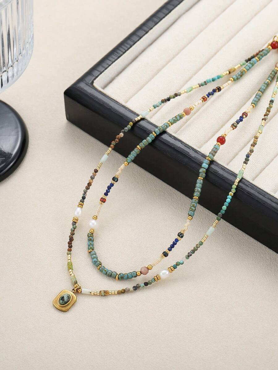 1pc African Turquoise & Agate Beaded Necklace, Suitable For Women Wear In Spring & Summer - Multicolor - View 1