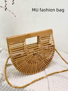 1pc Fashionable Unique Niche Asymmetrical Shaped Bag, Bamboo Woven Bag, Mini Beach Bag, Hollow Design, Interesting Gift, Personalized Strap, Asymmetrical Handheld, Daily Use, Beach Holiday, Shoulder Bag Crossbody, Beaded Long Strap, Women Handbag - Khaki - View 1