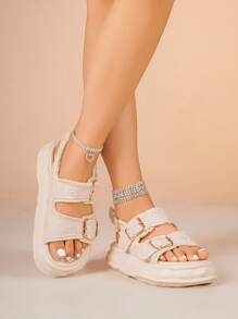 女士休闲户外扣带百搭街头时尚舒适可调节高品质厚底凉鞋 - 米色 - 查看 1