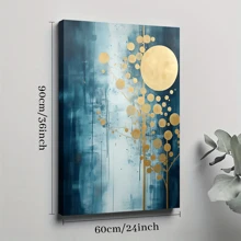 1pc Framed Canvas Poster, Blue - And - Gold - Moon - Tree - Abstract Wall Art Canvas Paintings, Ideal Gift For Bedroom Living Room Corridor, Wall Art, Room Decoration