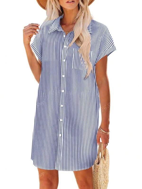 Summer New Women's Striped Short Sleeve Midi Dress Shirt Dress