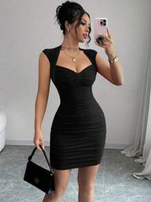 Women Solid Color Elegant Ruched Bodycon Midi Dress - Black - View 1