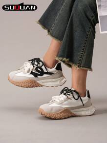 Women's Color Block Lace Up Sports Shoes, Fashionable Lightweight Casual Comfortable Slip-On Flat Shoes, Outdoor Comfortable Running Sneakers - Beige - View 4