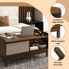 Rectangular Coffee Table W/ Storage Weaving Sliding Door & Adjustable Shelf