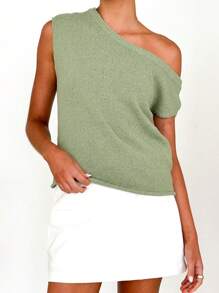 Maglione casual e comodo da donna con spalla obliqua, oversize, maniche corte, in maglia larga, top per uscire, adatto per primavera, estate e autunno