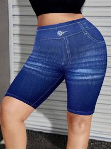 大码女式弹力紧身骑行短裤，全身牛仔效果印花图案休闲舒适时尚针织运动百慕大短裤 - 藍色 - 查看 2