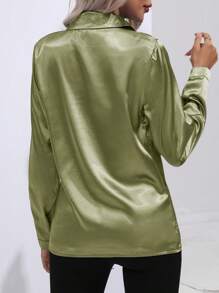 Women's Elegant Foldover Collar Single Button Imitation Silk Shirt, Solid Color Long Sleeve Fashion Blouse - 橄欖綠 - 查看 2