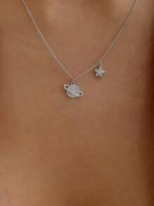 1pc Fashion Rhinestone Studded Globe & Star Pendant Necklace - Silver - View 1