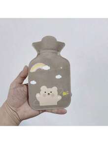 1pc Cartoon Print Water Injection Hot Water Bottle, 300ml, Flocked PVC Material