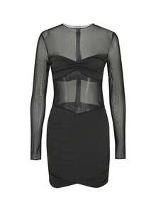 Sexy Round Neck Long Sleeve Mesh Pleated Bodycon Dress