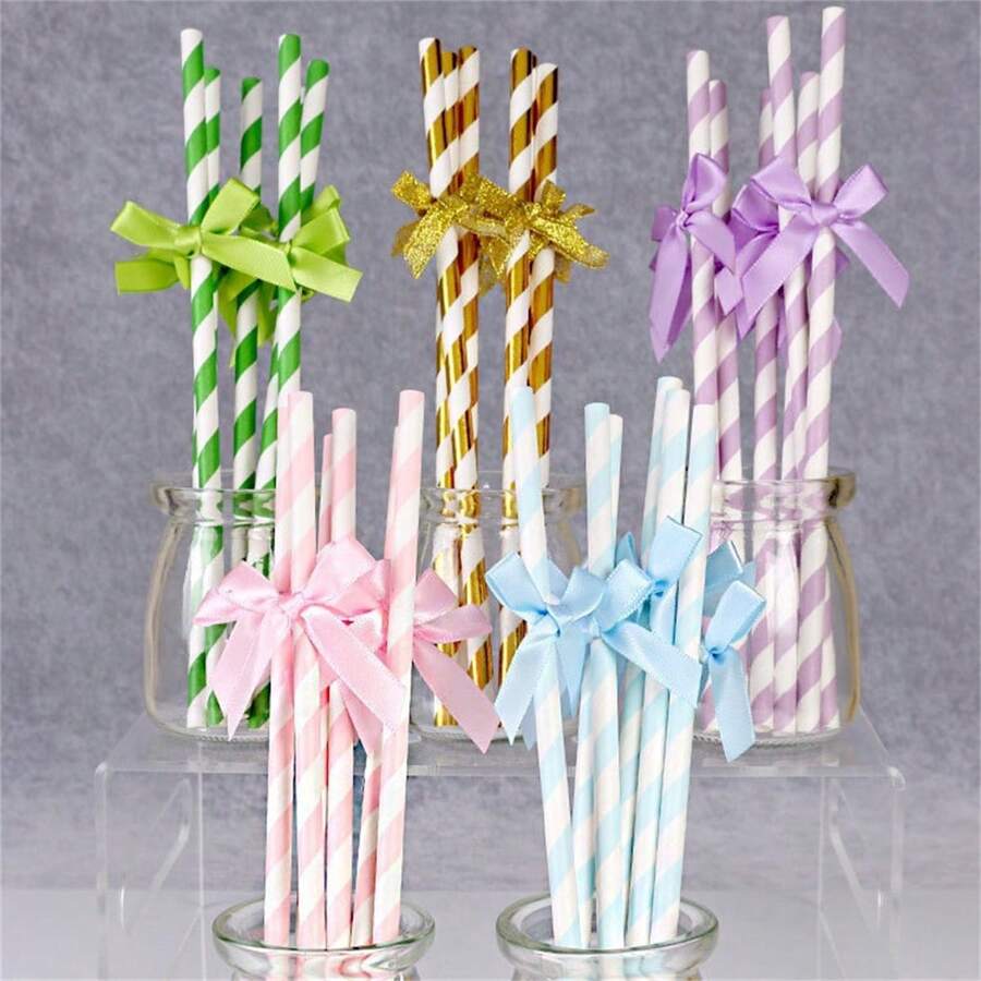 6pcs Elegant Bowknot Straws, Dessert Table Decor For Birthday Party, Pudding Cups, Paper Cups, Cupcakes, Bowknot Straw Stick, Various Party Straws